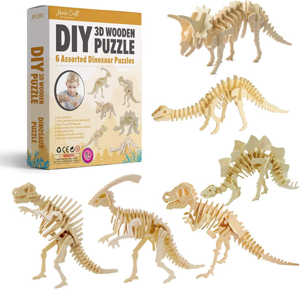 DIY 3D Wooden Puzzle – 6 Assorted Dinosaur Bundle Pack Set Brain Teaser Puzzles Educational STEM Toy Adults and Kids to Build Safe and Non-Toxic Easy Punch Out Premium Wood JP2B1