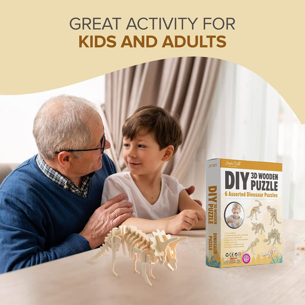 DIY 3D Wooden Puzzle – 6 Assorted Dinosaur Bundle Pack Set Brain Teaser Puzzles Educational STEM Toy Adults and Kids to Build Safe and Non-Toxic Easy Punch Out Premium Wood JP2B1