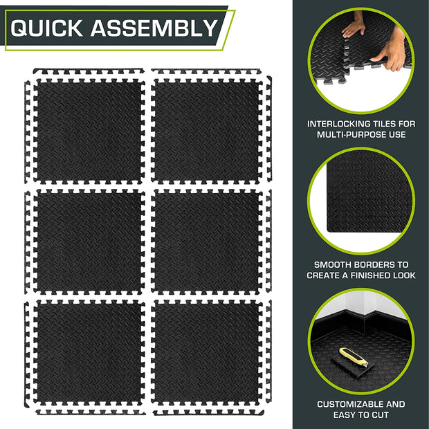Puzzle Exercise Mat ½ In, EVA Interlocking Foam Floor Tiles for Home Gym, Mat for Home Workout Equipment, Floor Padding for Kids, Black, 24 in X 24 in X ½ In, 24 Sq Ft - 6 Tiles