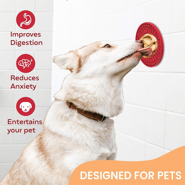 Dog Lick Pad - Pet Fun & Anxiety Distraction Device - Peanut Butter Licking Pad Works as Slow Feeder Treat Bowl - Suction Cups Attach to Wall for Bathing & Grooming Pets - Puzzle Training Toy
