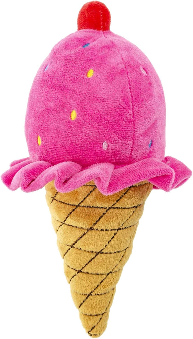 10 Inch Plush Pet Toy Strawberry Ice Cream Cone with Cherry on Top and Sprinkles with Squeaker Dog Chew Toy