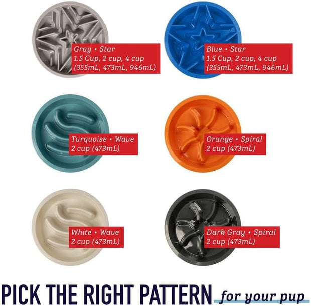 Slow Feeder Dog Bowls - 2 Cup, Gray Star Maze - Slow Feeder Insert - Non-Slip Base