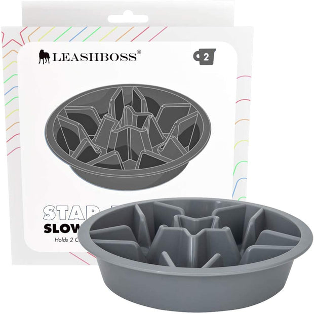 Slow Feeder Dog Bowls - 2 Cup, Gray Star Maze - Slow Feeder Insert - Non-Slip Base