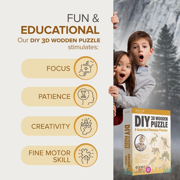 DIY 3D Wooden Puzzle – 6 Assorted Dinosaur Bundle Pack Set Brain Teaser Puzzles Educational STEM Toy Adults and Kids to Build Safe and Non-Toxic Easy Punch Out Premium Wood JP2B1