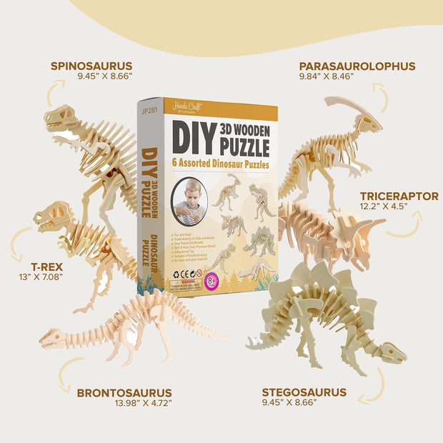 DIY 3D Wooden Puzzle – 6 Assorted Dinosaur Bundle Pack Set Brain Teaser Puzzles Educational STEM Toy Adults and Kids to Build Safe and Non-Toxic Easy Punch Out Premium Wood JP2B1
